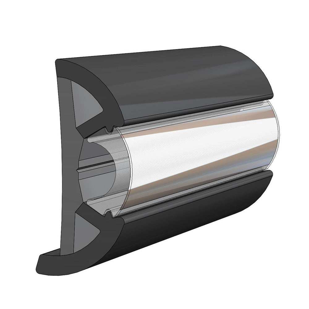 Black TACO SuproFlex Rub Rail 2.5x1 inch with flexible dual-hardness vinyl and chrome insert for boats up to 65 feet