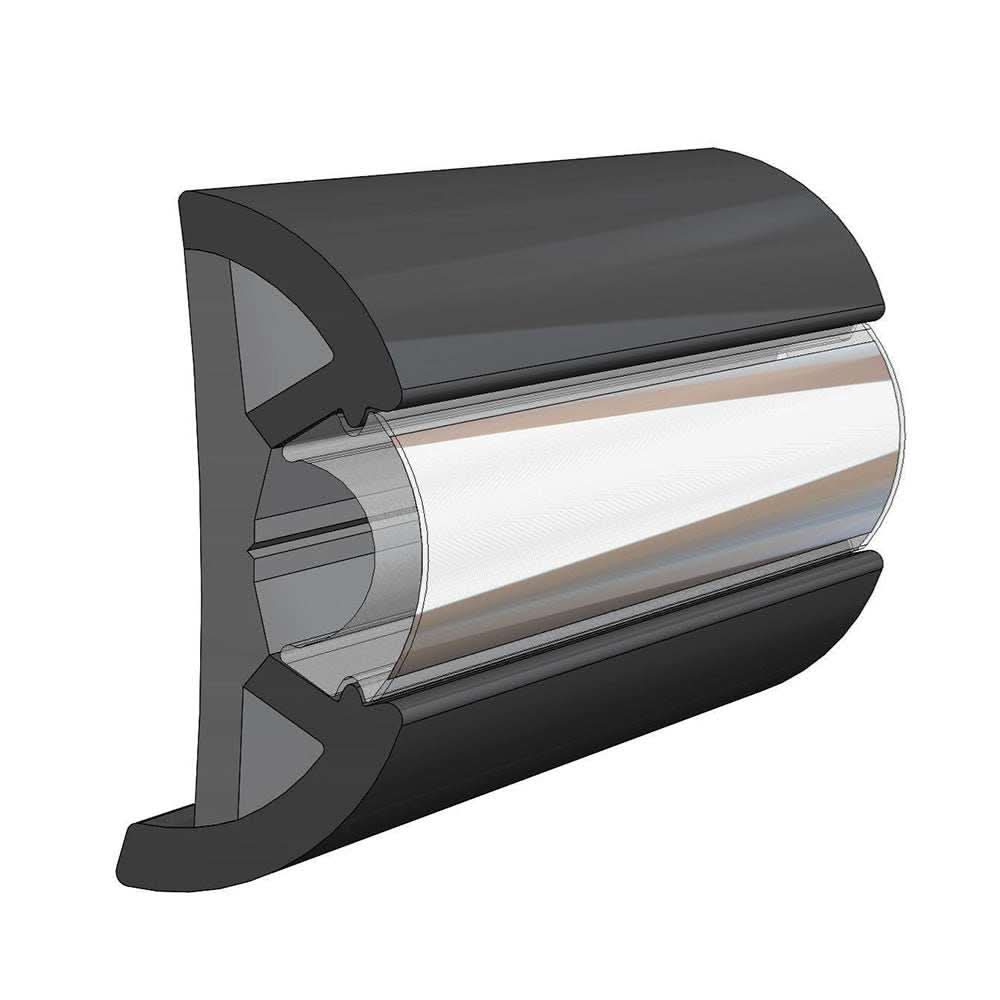 Black TACO SuproFlex Rub Rail 2.5x1 inch with flexible dual-hardness vinyl and chrome insert for boats up to 65 feet