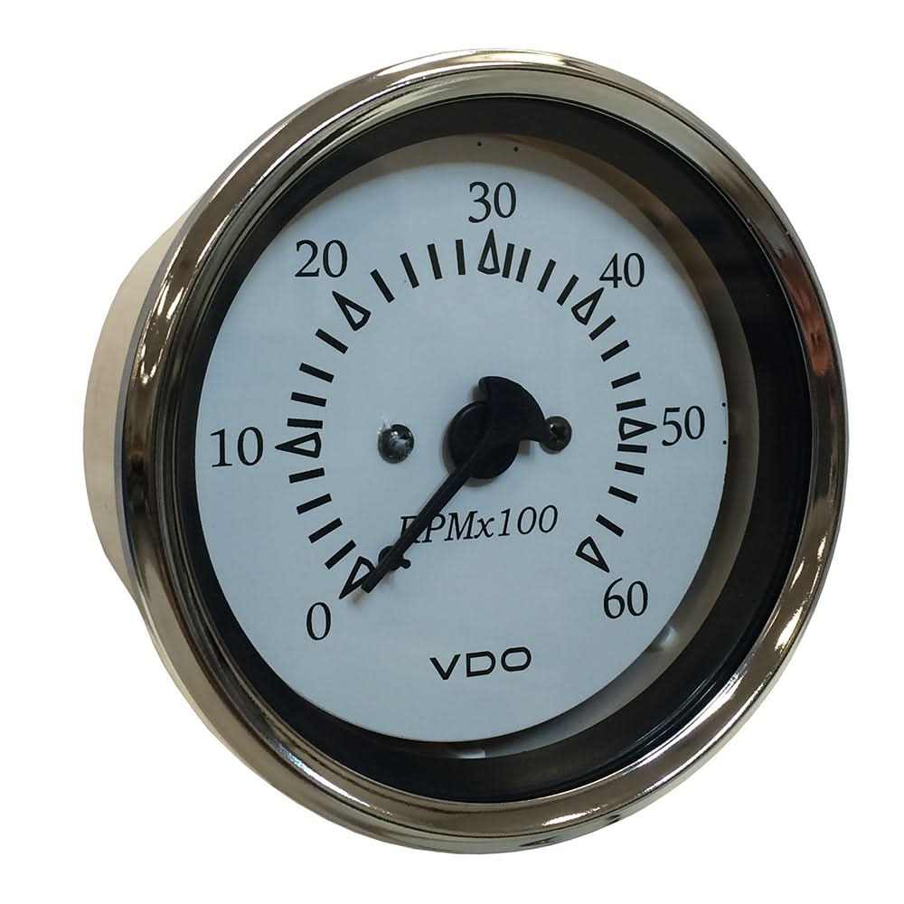 VDO Cockpit Marine 85MM sterndrive tachometer with white dial and chrome bezel showing RPM gauge