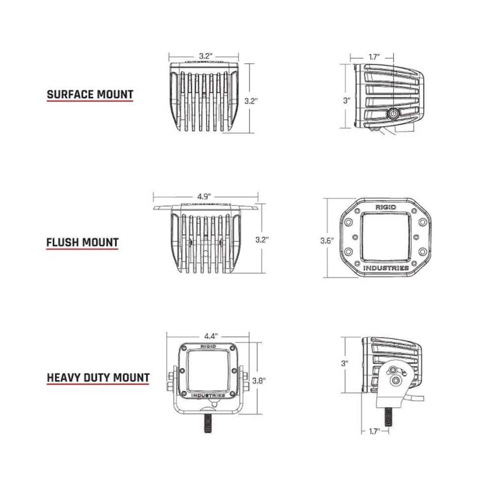 Dimensions diagram of RIGID Industries D-Series Pro Dually Spot Surface Mount LED light pair in Midnight Edition