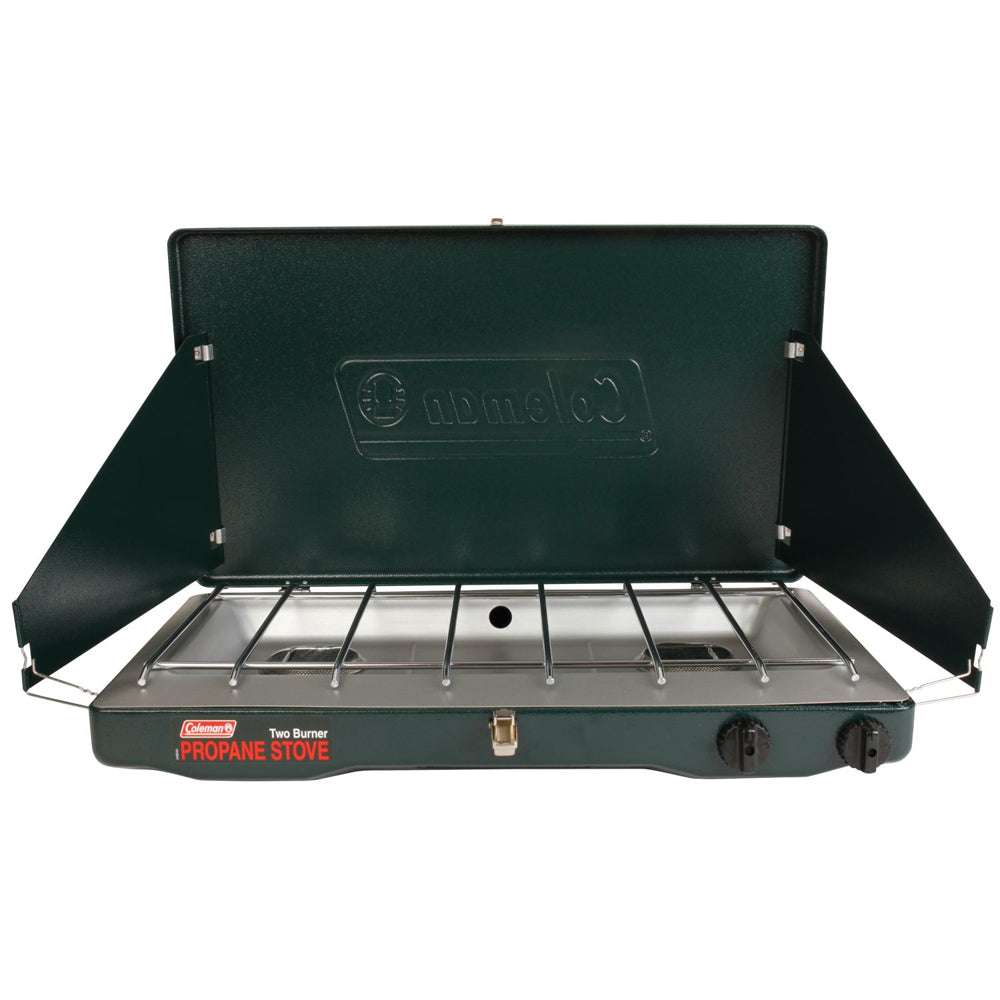 Coleman PerfectFlow 2-burner propane camping stove with windblock panels and removable grate