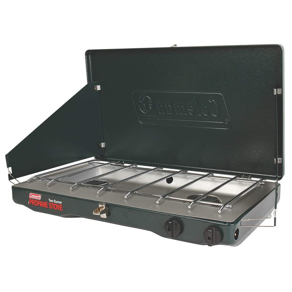Coleman PerfectFlow 2-burner propane camping stove with windblock panels and aluminized cooktop