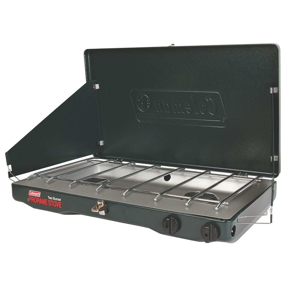 Coleman PerfectFlow 2-burner propane camping stove with windblock panels and aluminized cooktop