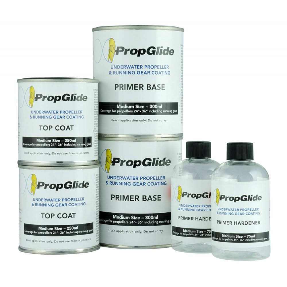 PropGlide Prop & Running Gear Coating Kit including primer base, primer hardener, and top coat cans and bottles for underwater propeller and running gear protection.
