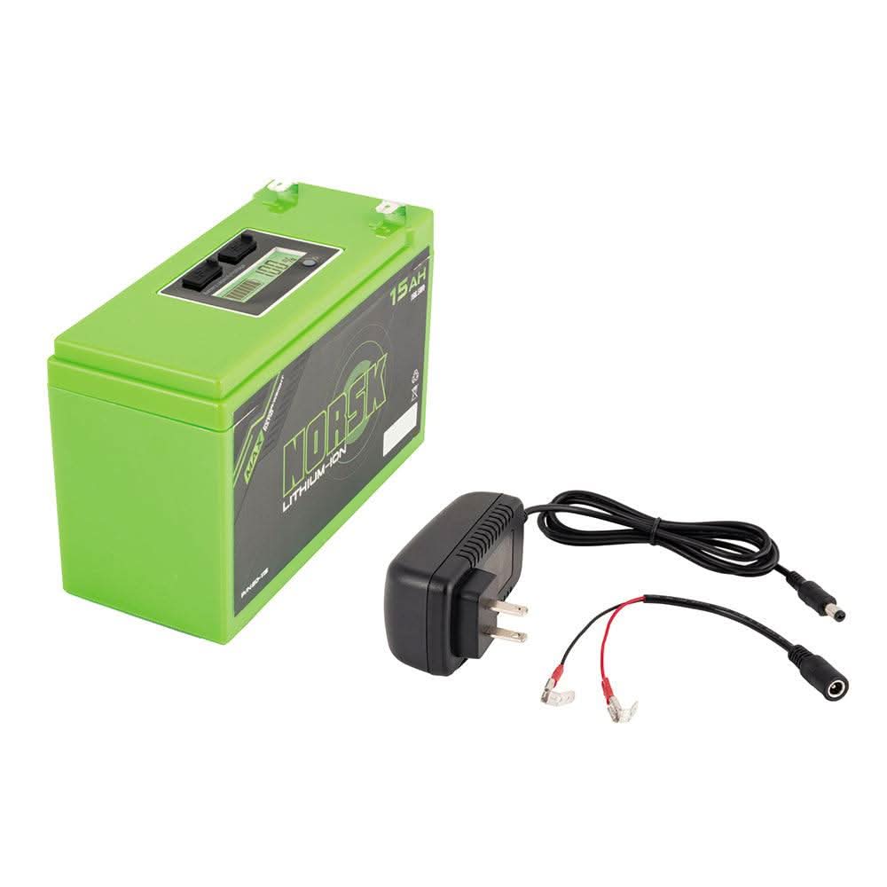 Humminbird 15Ah lithium battery kit with dual USB ports and LED charge indicator, includes charger and cables.