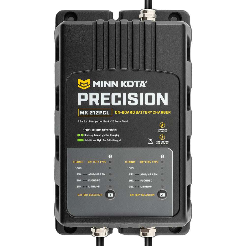 Minn Kota MK-212 PCL on-board precision charger for 12v lithium and lead acid batteries with digital control and waterproof design