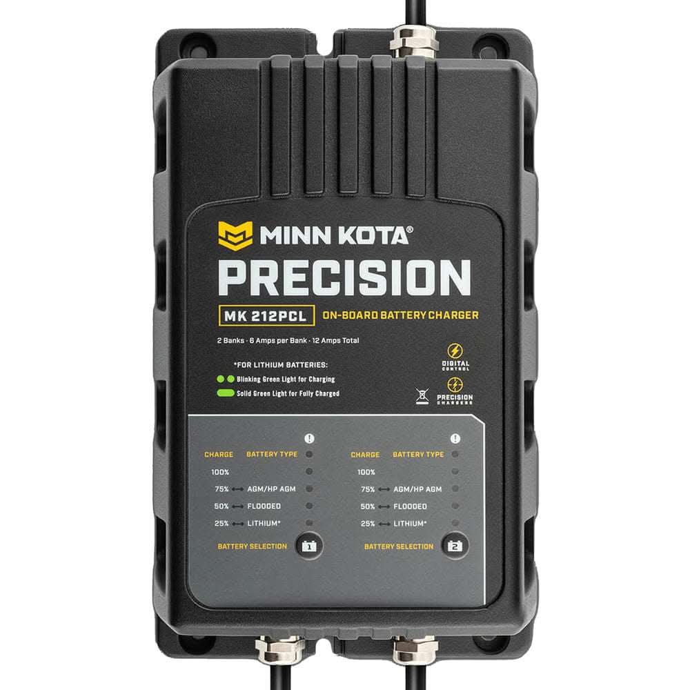 Minn Kota MK-212 PCL on-board precision charger for 12v lithium and lead acid batteries with digital control and waterproof design