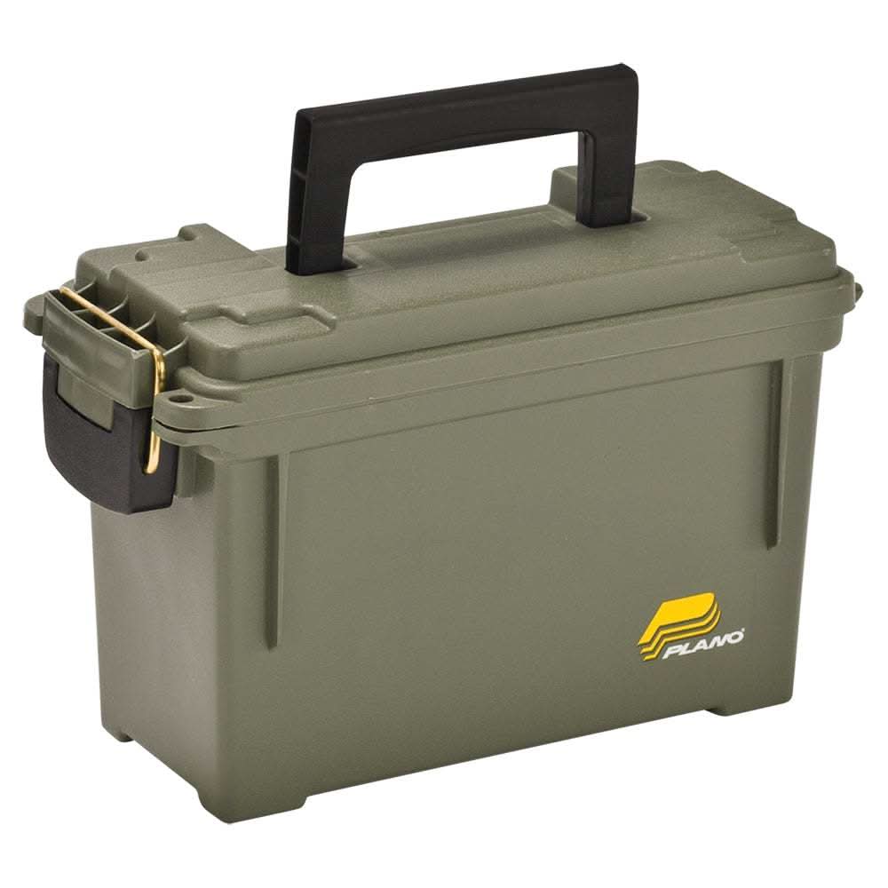 Plano Element-Proof Field Ammo Small Box Olive Drab water-resistant plastic ammo storage case with handle and brass latch