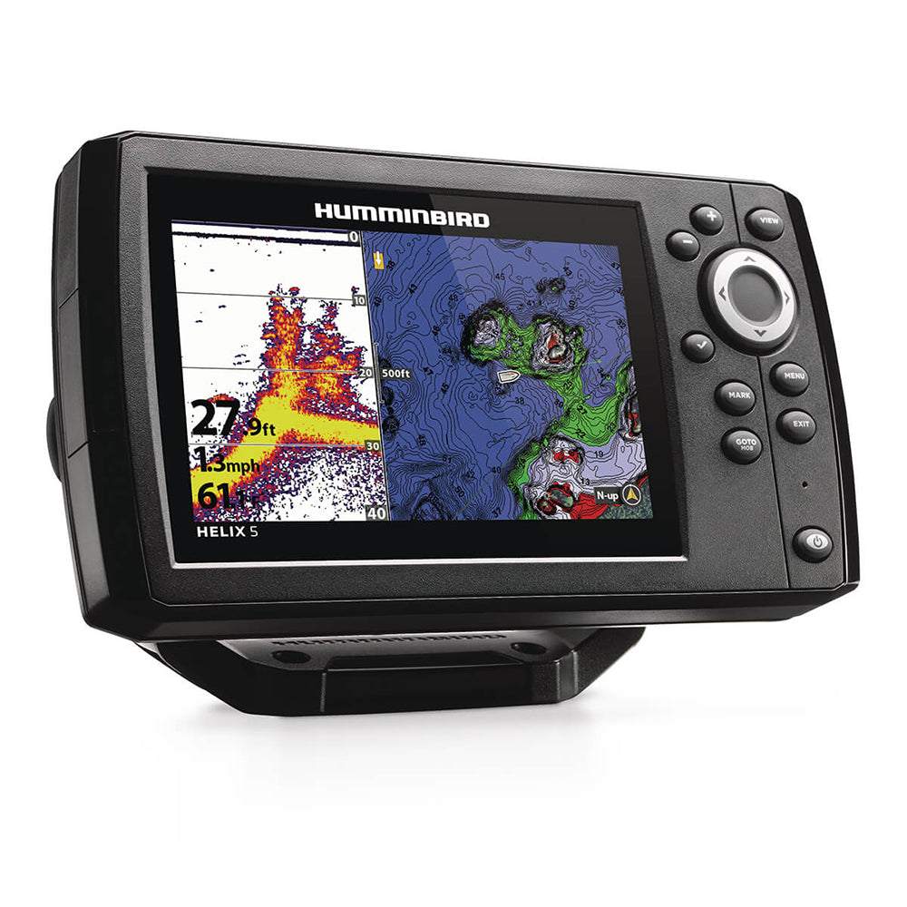 Humminbird HELIX 5 fish finder with CHIRP sonar and GPS combo showing underwater mapping and navigation display