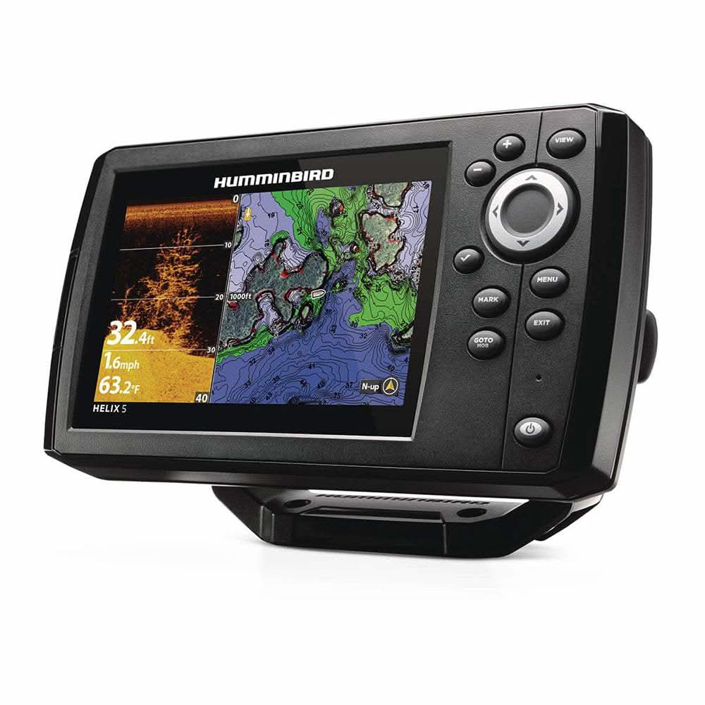 Humminbird HELIX 5 fish finder with CHIRP sonar and GPS display showing underwater map and sonar imaging