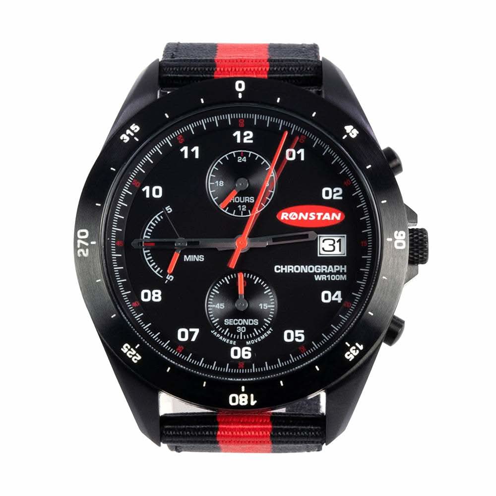 Ronstan RF4056 Clear Start 43mm analogue chronograph watch with black matte case and red-striped strap