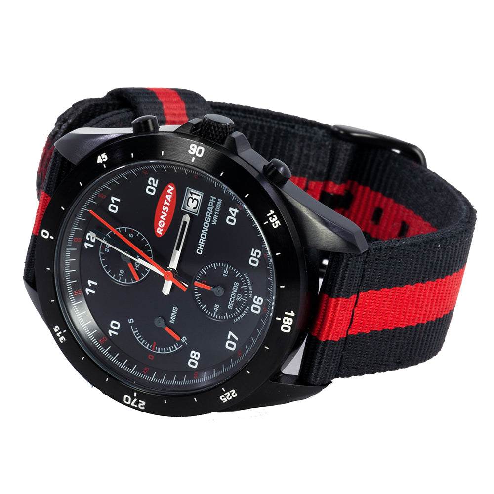 Ronstan RF4056 analogue watch with 43mm matte black case and red-striped fabric strap