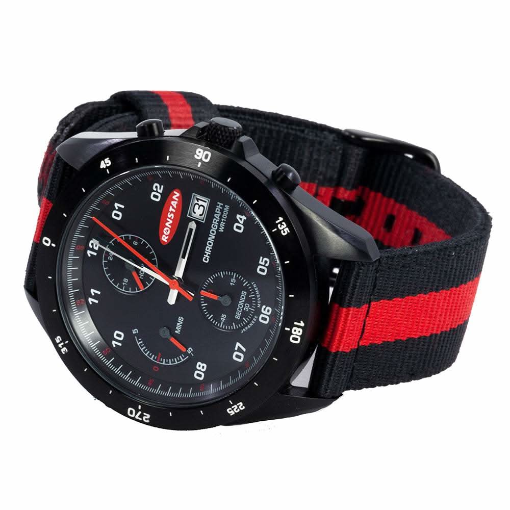 Ronstan RF4056 black chronograph watch with red and black fabric strap and date display