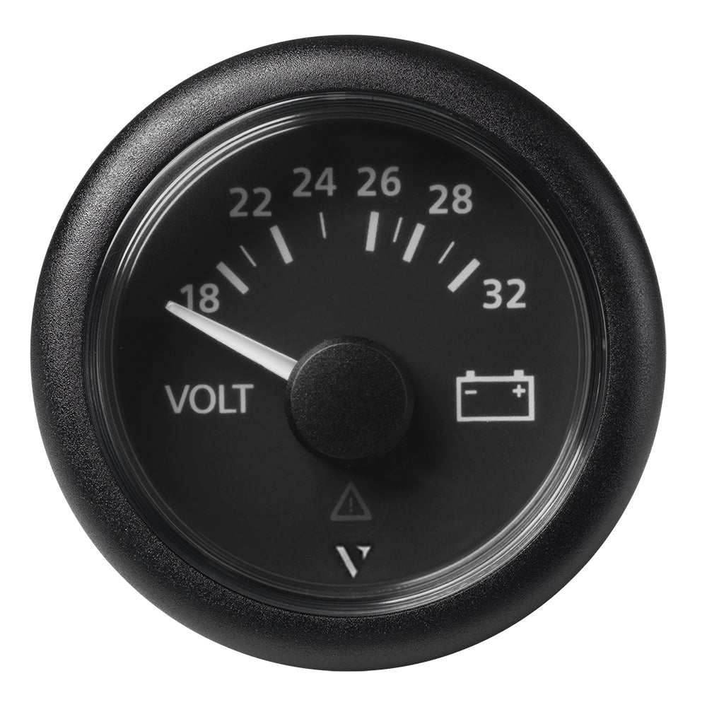 Veratron 52mm Viewline voltmeter with black dial and bezel, 18-32V range, analog display