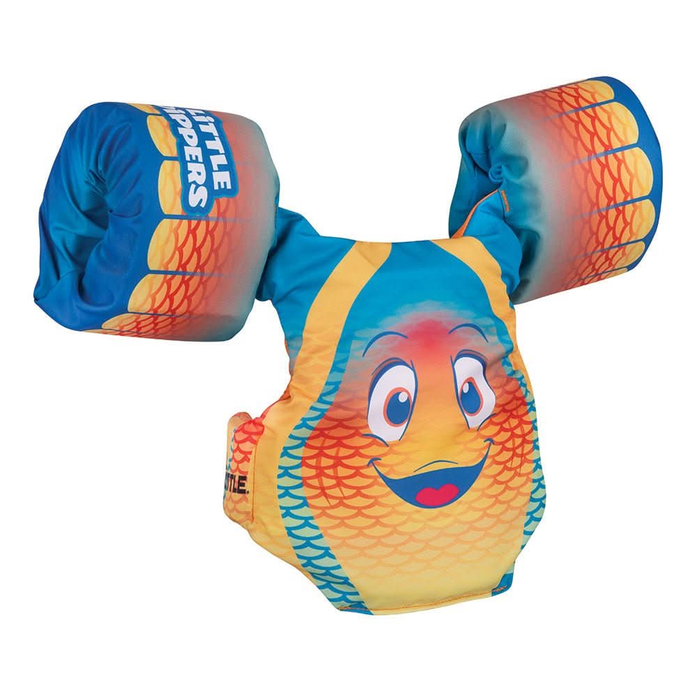 Full Throttle Little Dippers children's fish-themed life jacket with arm floaties, soft polyester fabric, adjustable back buckle, US Coast Guard approved.