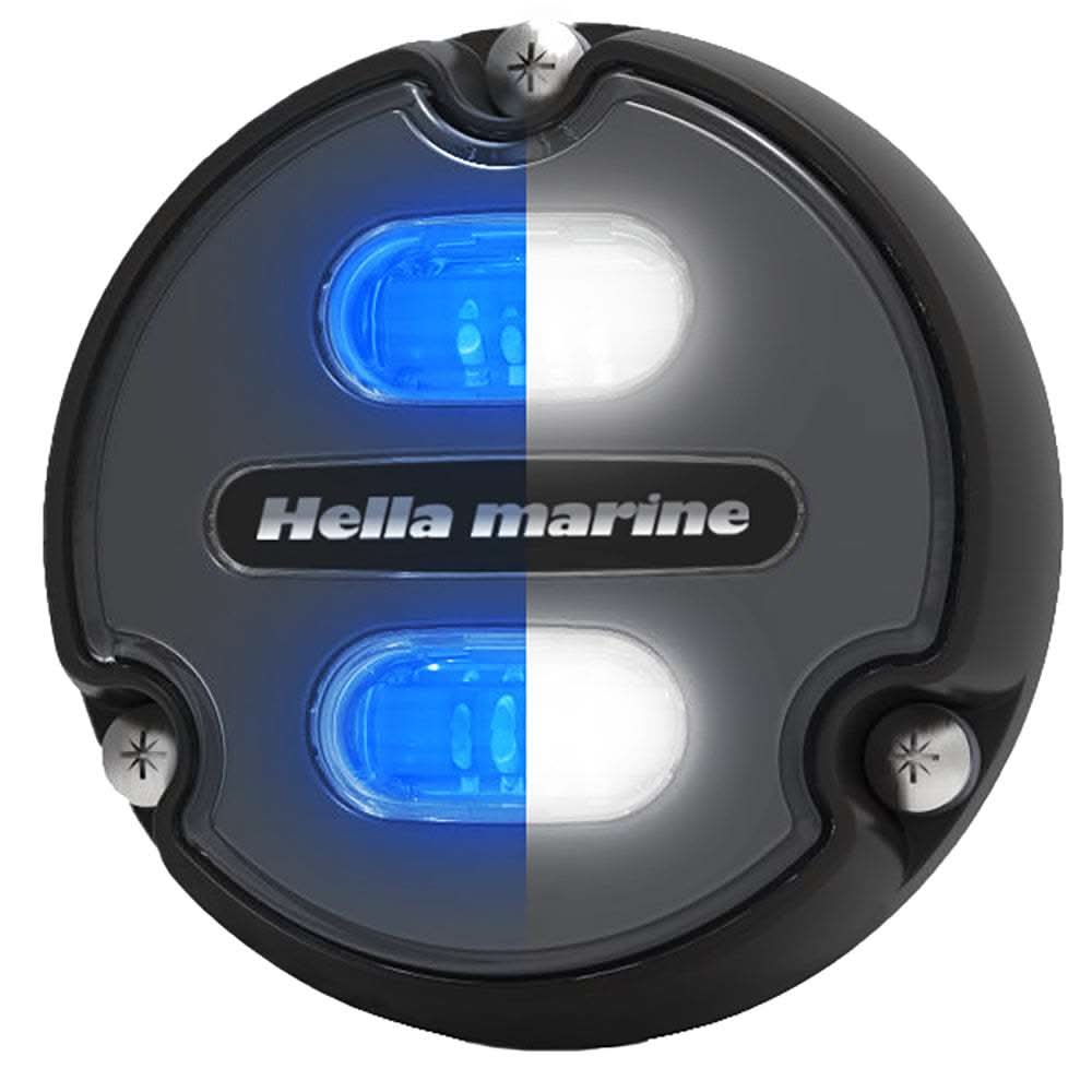 Hella Marine Apelo A1 underwater light with black housing and charcoal lens showing blue and white illumination options