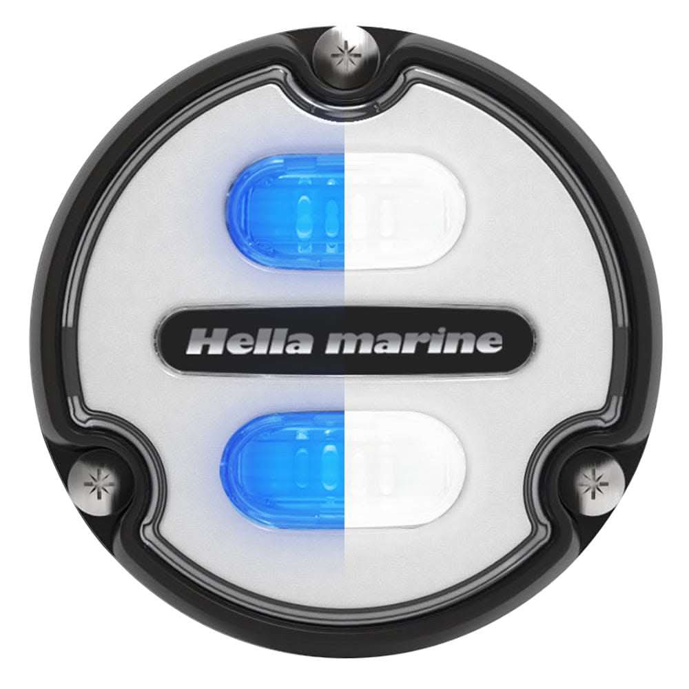 Hella Marine Apelo A1 underwater light with black housing and white lens showing blue and white illumination options