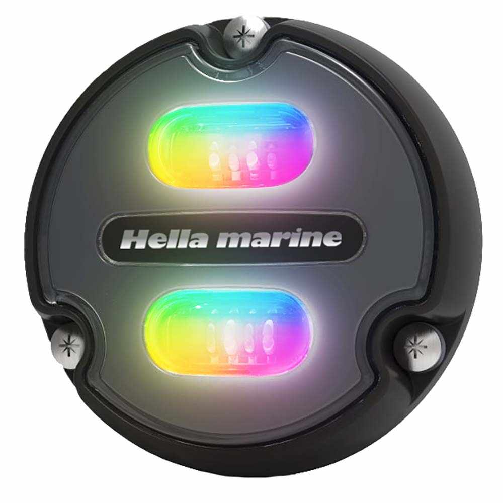 Hella Marine Apelo A1 RGB underwater light with black housing and rainbow LED illumination