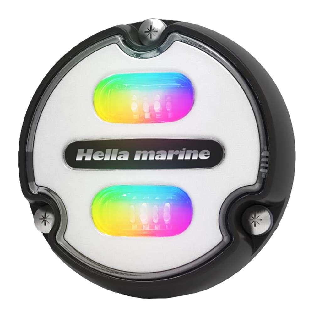 Hella Marine Apelo A1 RGB underwater light with black housing and white lens displaying rainbow colors