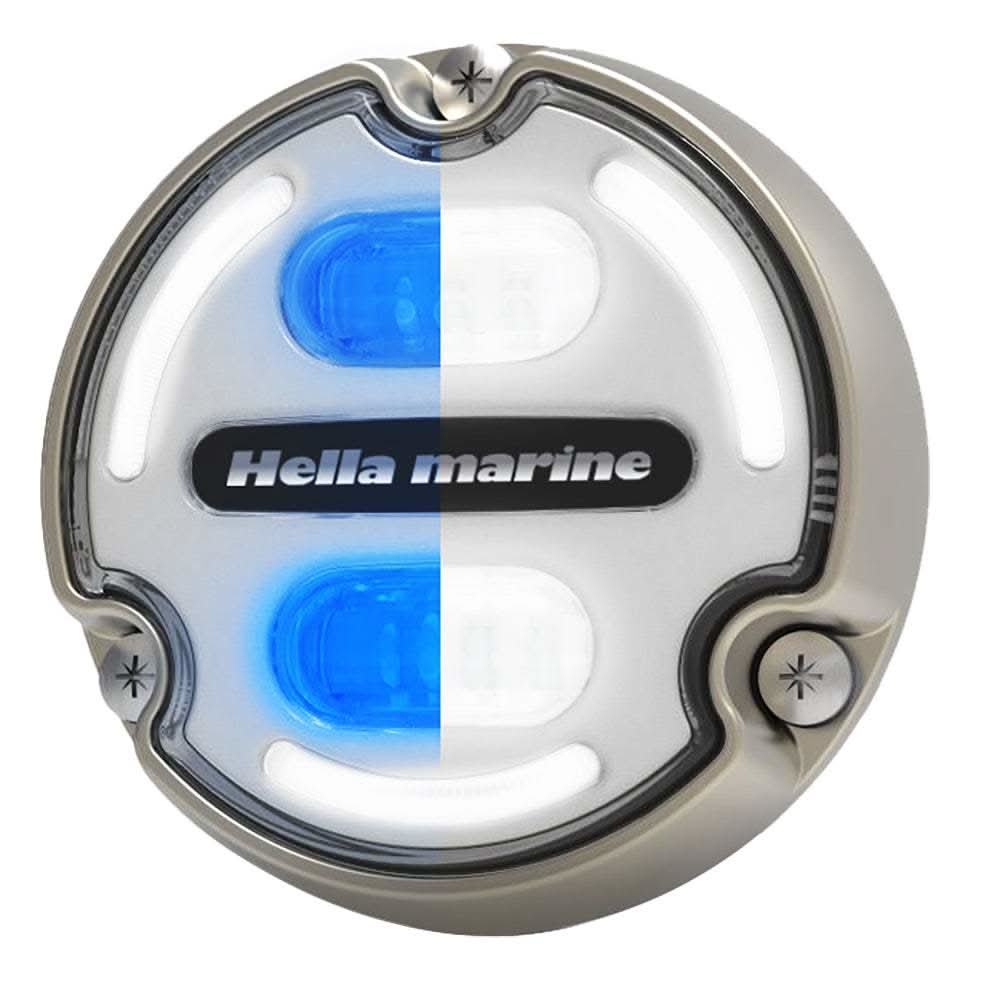 Hella Marine Apelo A2 underwater light with blue and white LEDs, bronze housing, and white lens