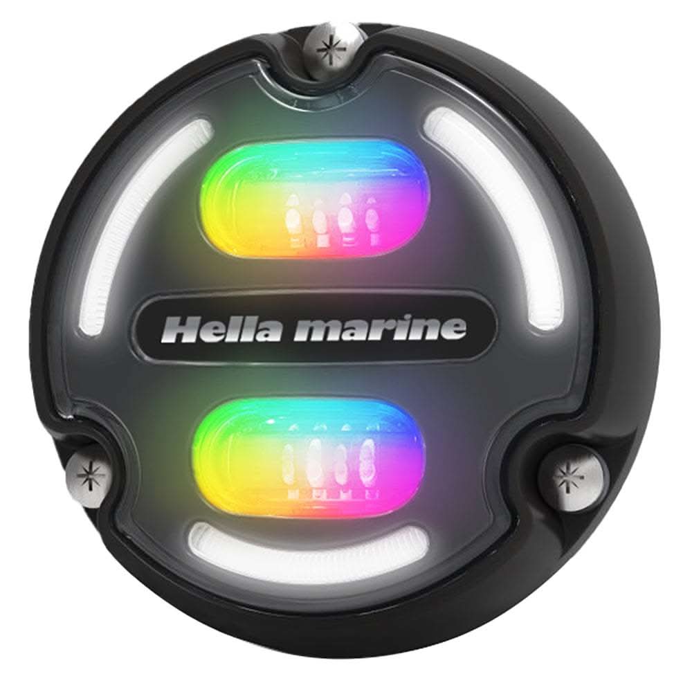 Hella Marine A2 RGB underwater light with black housing and colorful RGB illumination