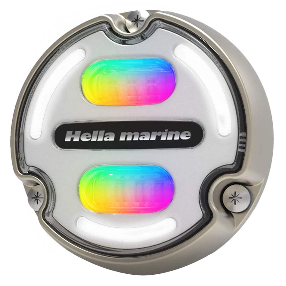 Hella Marine Apelo A2 RGB underwater light with bronze housing and white lens showing multi-color LED illumination