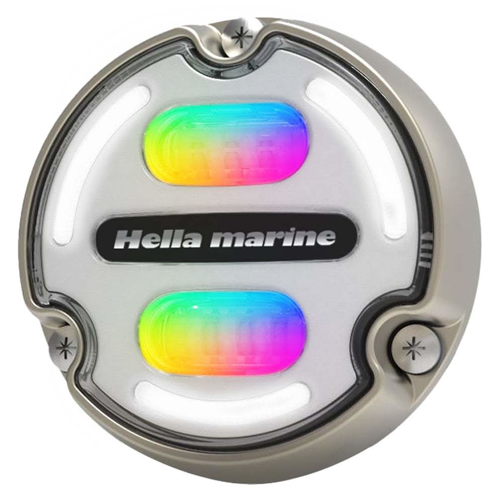 Hella Marine Apelo A2 RGB underwater light with bronze housing and white lens showing vibrant RGB colors