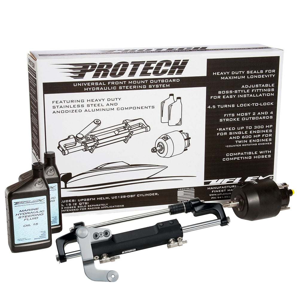 Uflex PROTECH 3.1 front mount outboard hydraulic steering system with UP28 FM helm, UC128-TS/3 cylinder, and hydraulic oil bottle