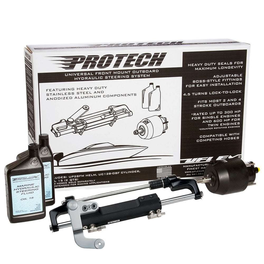 Uflex PROTECH 3.1 front mount outboard hydraulic steering system with UP28 FM helm, UC128-TS/3 cylinder, and hydraulic oil bottle