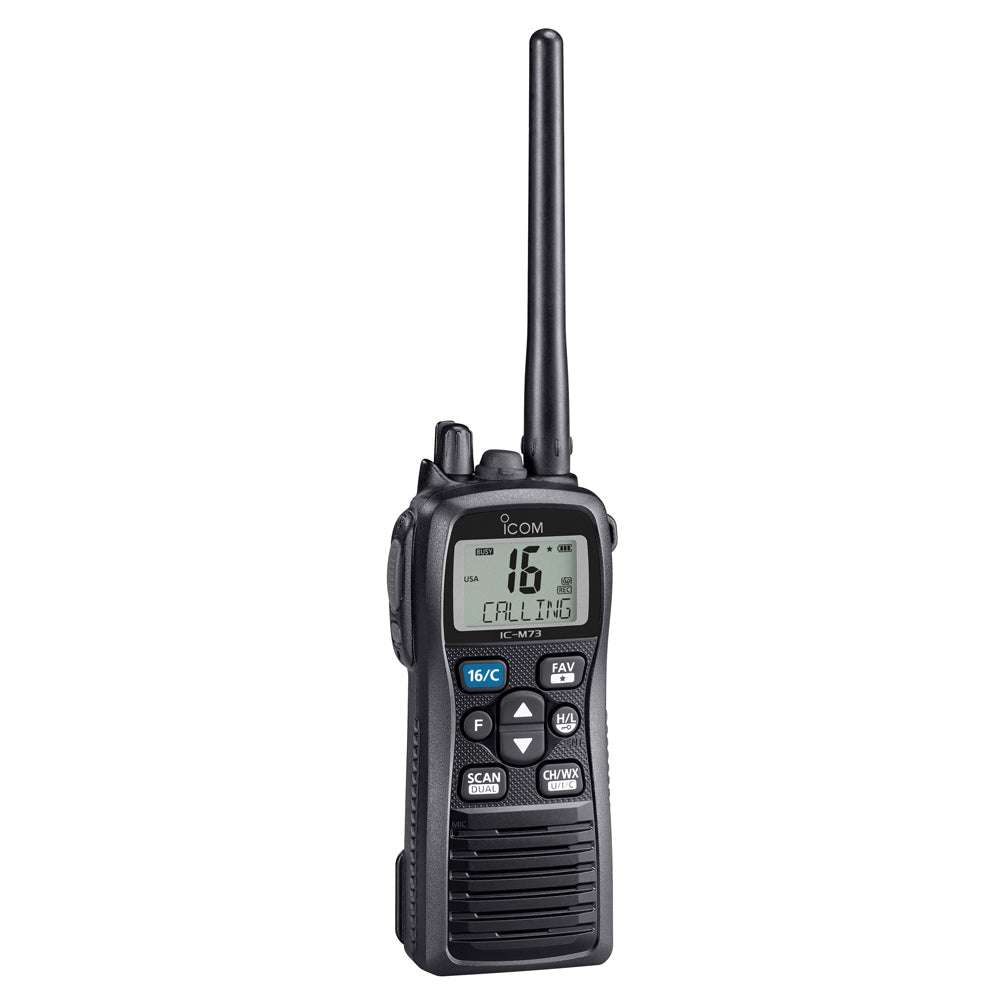 Icom M73 submersible handheld VHF marine radio with 6W power and waterproof design