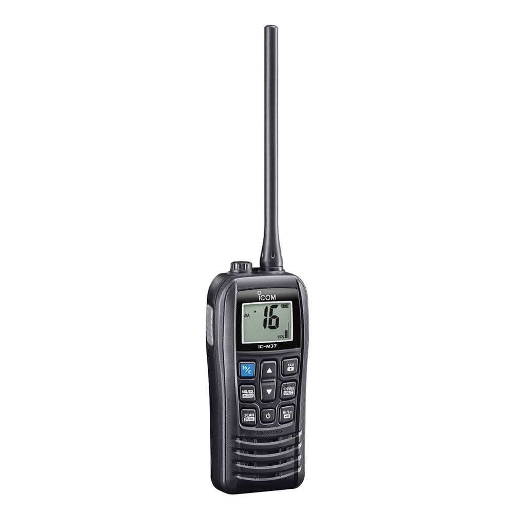 Icom M37 VHF handheld marine radio with 6W power, float'n flash, waterproof design, and long battery life