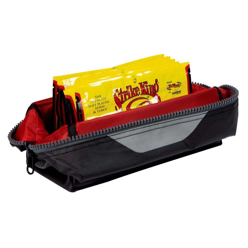 Plano KVD Signature Series Speedbag black and red tackle bag with yellow lure packets inside