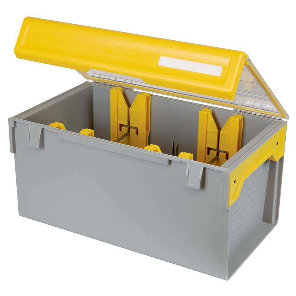 Plano EDGE™ series waterproof line management box with spool tension bands and moisture-wicking divider