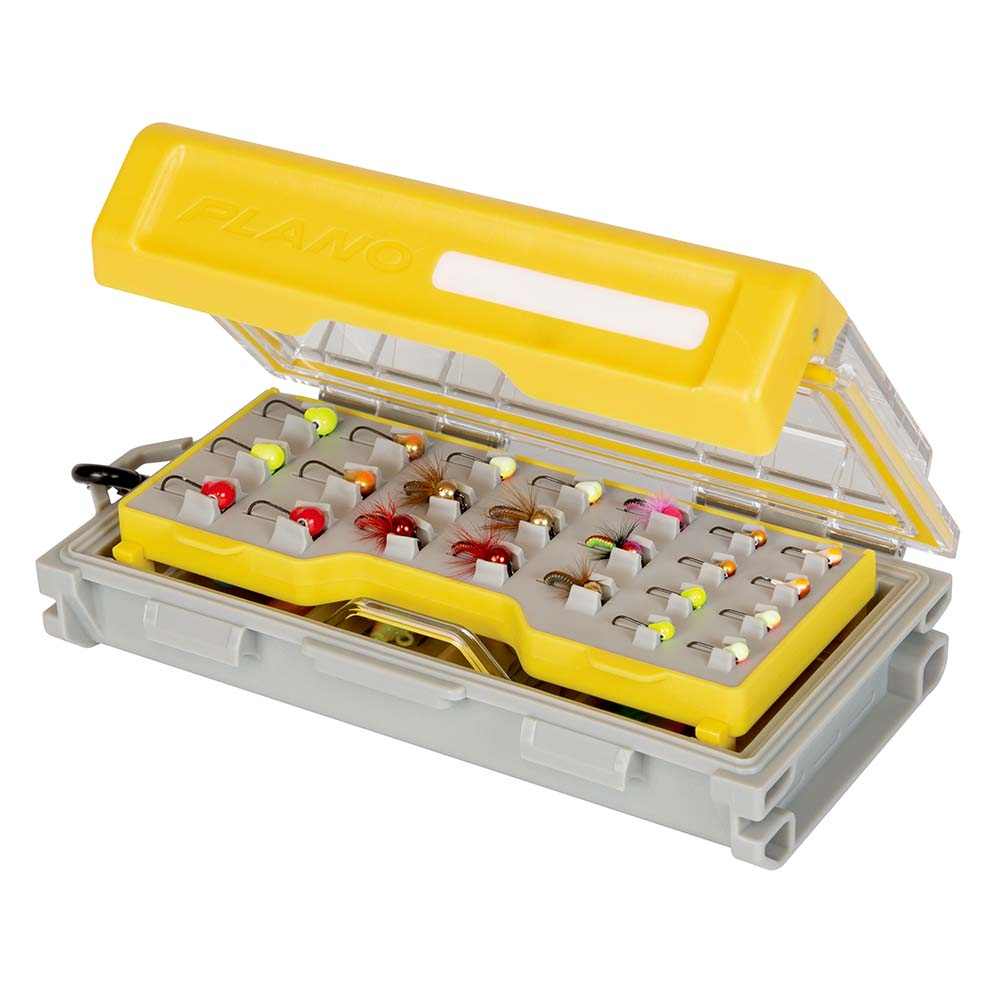 Plano EDGE Micro Jig Box with waterproof seal, moisture-wicking divider, rust protection, and clear lid for organized small tackle storage.