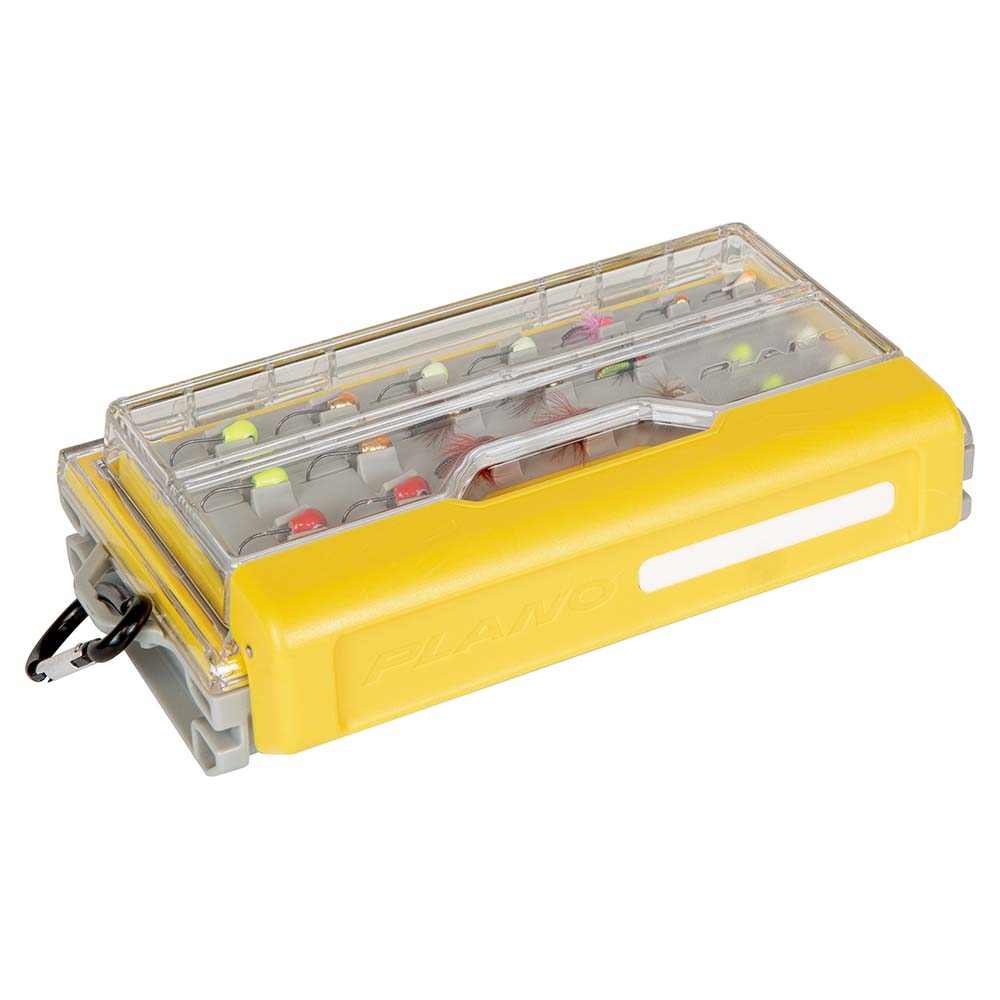 Plano EDGE Micro Jig Box with clear polycarbonate lid and yellow base, small tackle storage with moisture-wicking divider and rust prevention features