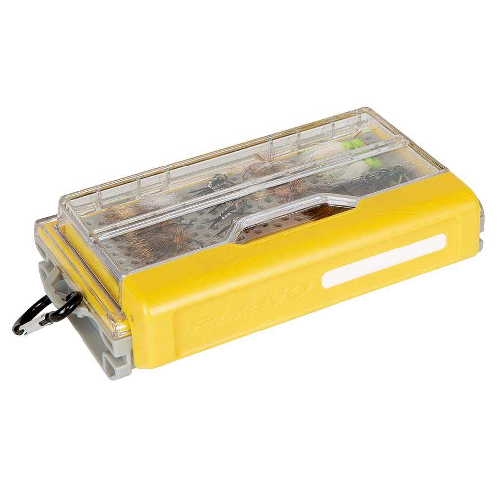 Plano EDGE Micro Fly Box with clear polycarbonate lid and yellow base for fly fishing tackle storage
