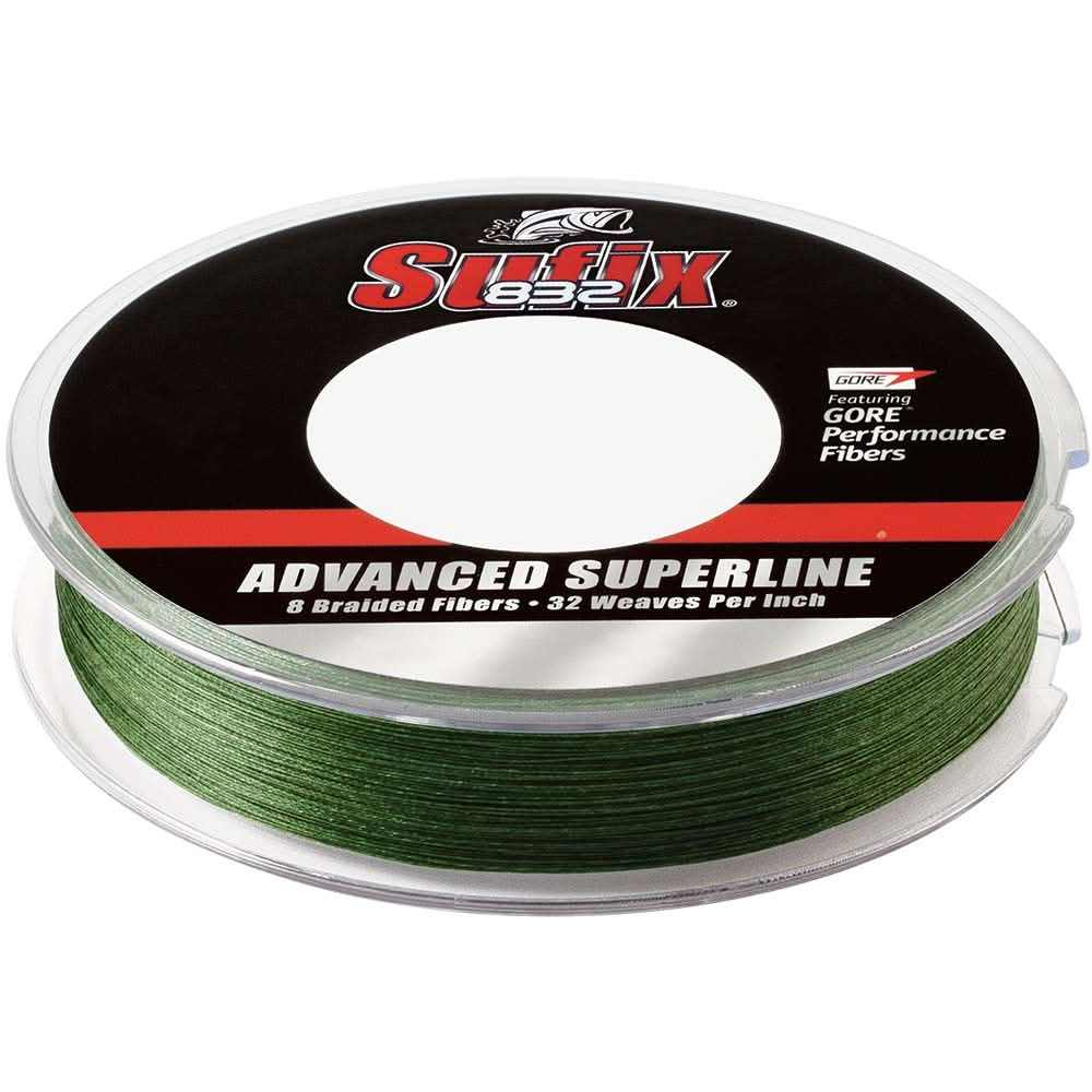 Sufix 832® Advanced Superline® Braid 6lb low-vis green fishing line spool with 8 braided fibers and 32 weaves per inch