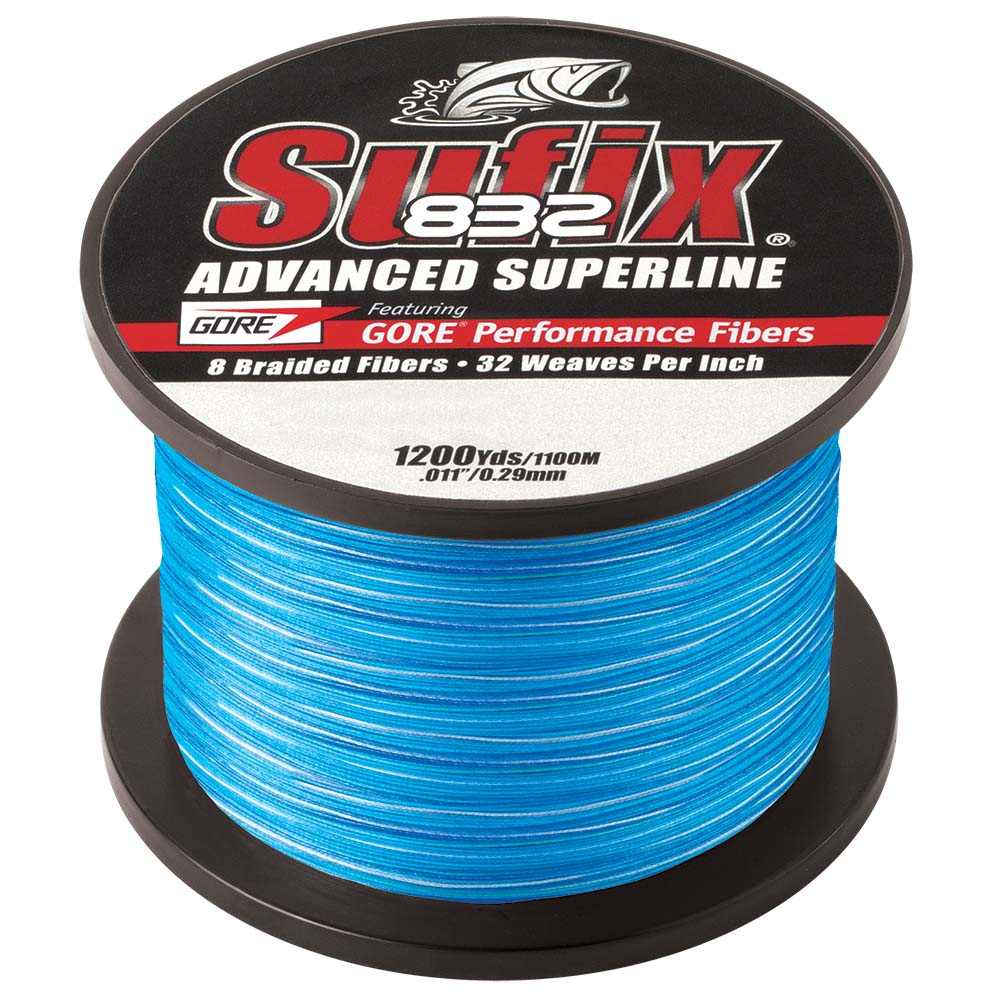 Sufix 832 Advanced Superline braided fishing line spool in bright blue color with Gore Performance Fibers and 1200 yards length.