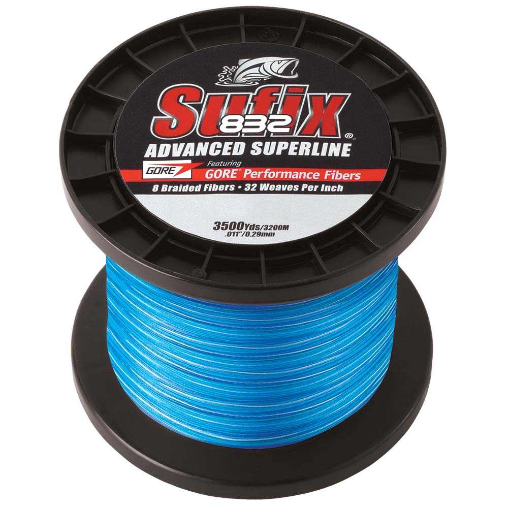 Sufix 832 Advanced Superline Braid fishing line spool in blue, 15lb test, 3500 yards, featuring Gore Performance Fibers and 32 weaves per inch