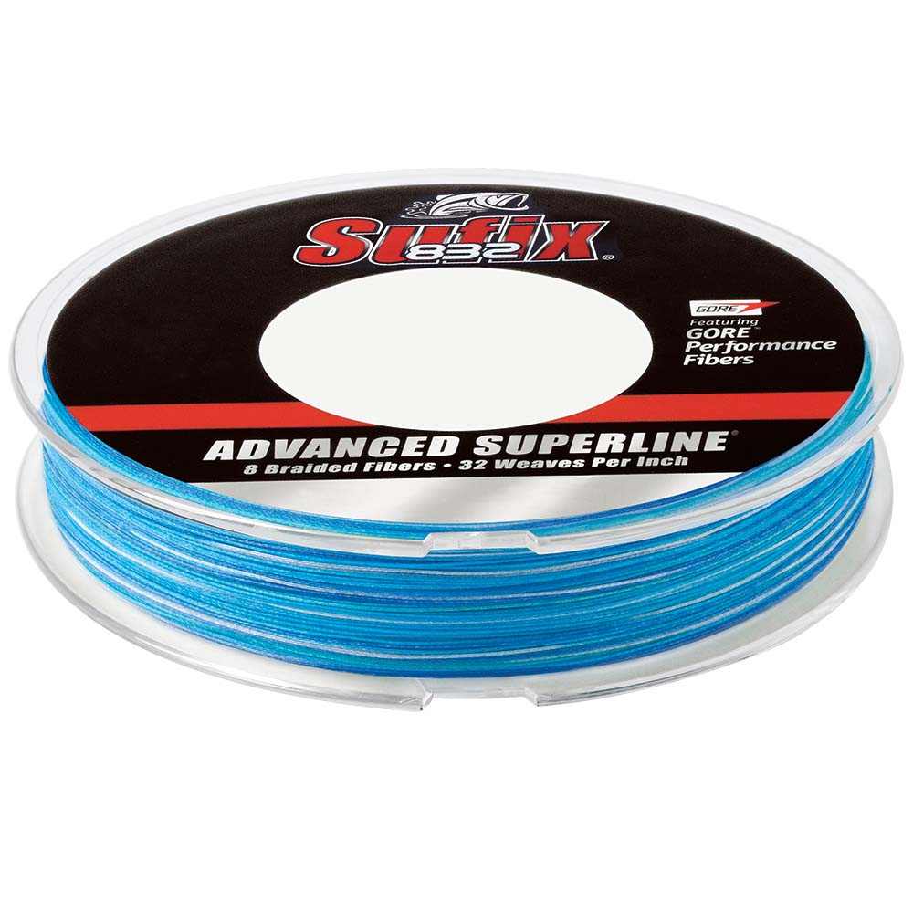 Sufix 832 Advanced Superline blue braided fishing line spool with Gore Performance Fibers and 30lb strength