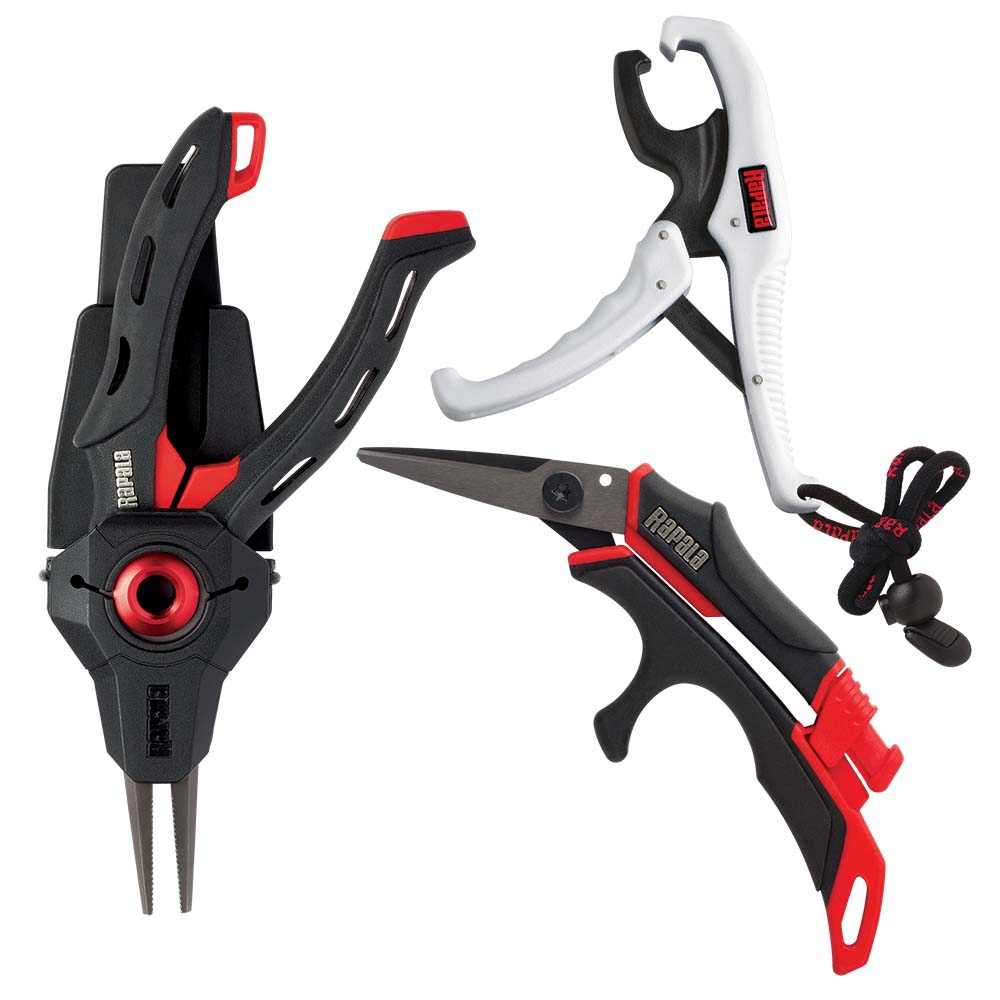 Rapala Performance Tool Combo including mag spring pliers, precision line scissors, and floating fish gripper for fishing.