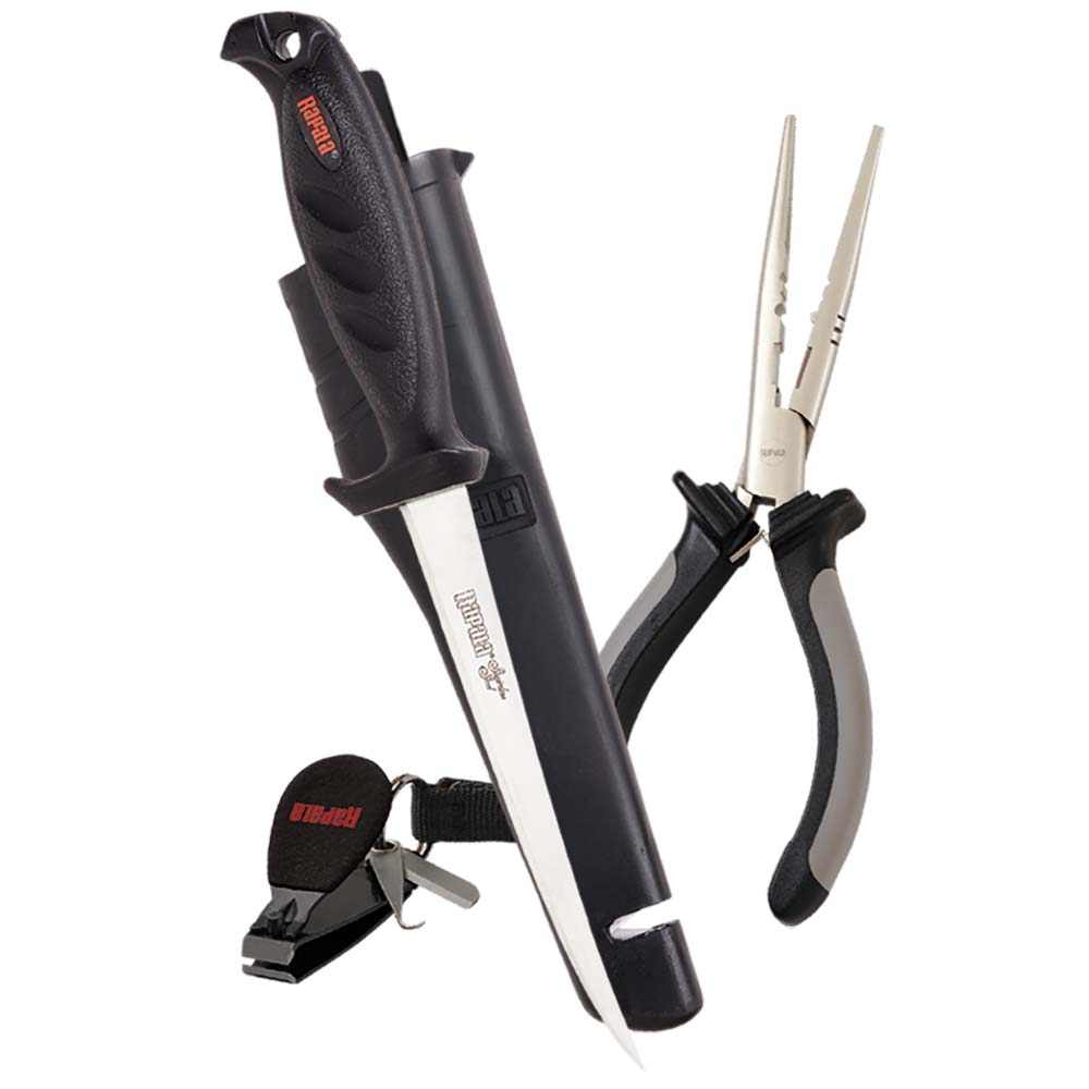 Rapala Combo Pack with 6.5-inch pliers, Falcon fillet knife with sheath, clipper, and lanyard