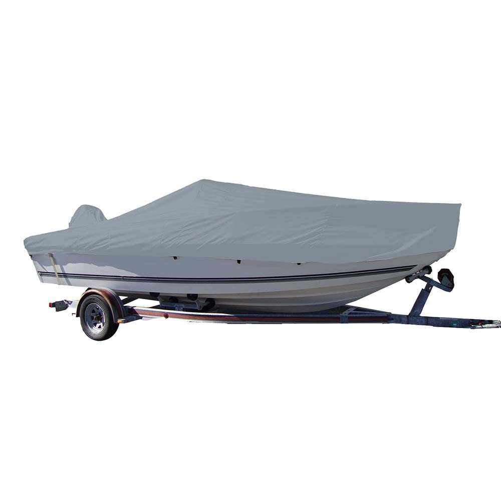 Carver Sun-DURA grey boat cover fitted on 21.5' V-Hull center console fishing boat on trailer