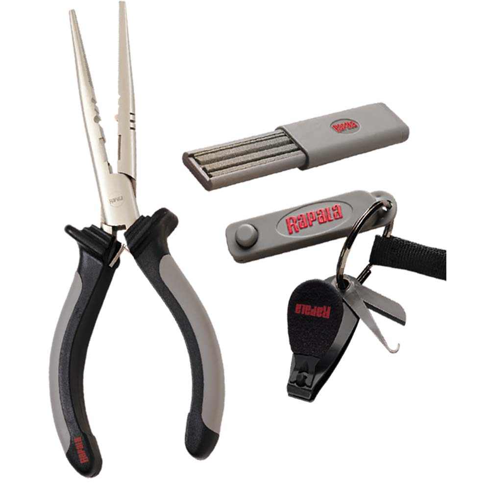 Rapala Combo Pack fishing tools including pliers, clipper, punch, and sharpener with lanyard