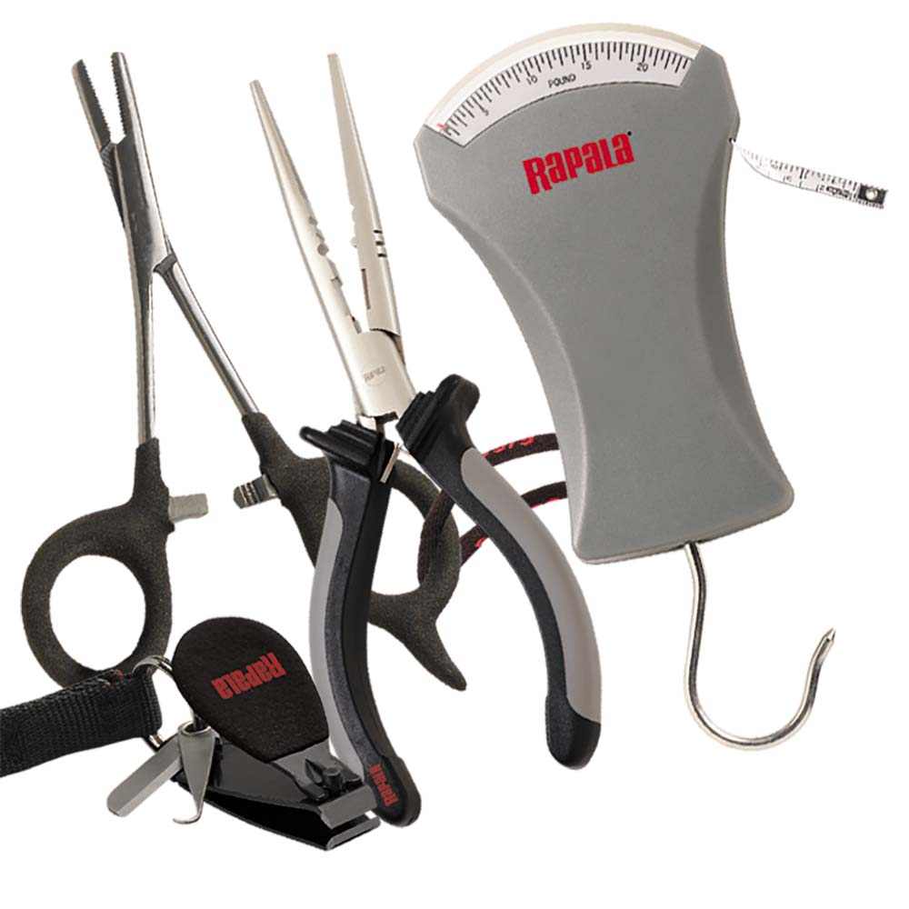 Rapala Combo Pack fishing tools with pliers, forceps, 25 lb. scale, clipper, sheath, and lanyard