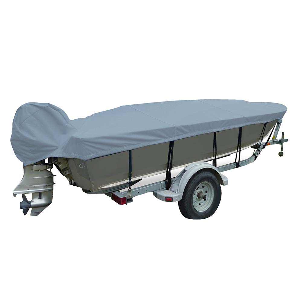 Carver Poly-Flex II grey narrow boat cover fitted on 16.5' V-Hull fishing boat with motor cover
