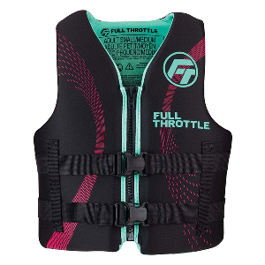 Full Throttle Adult rapid-dry life jacket in aqua and black, S/M size with front zipper and adjustable belts for watersports.