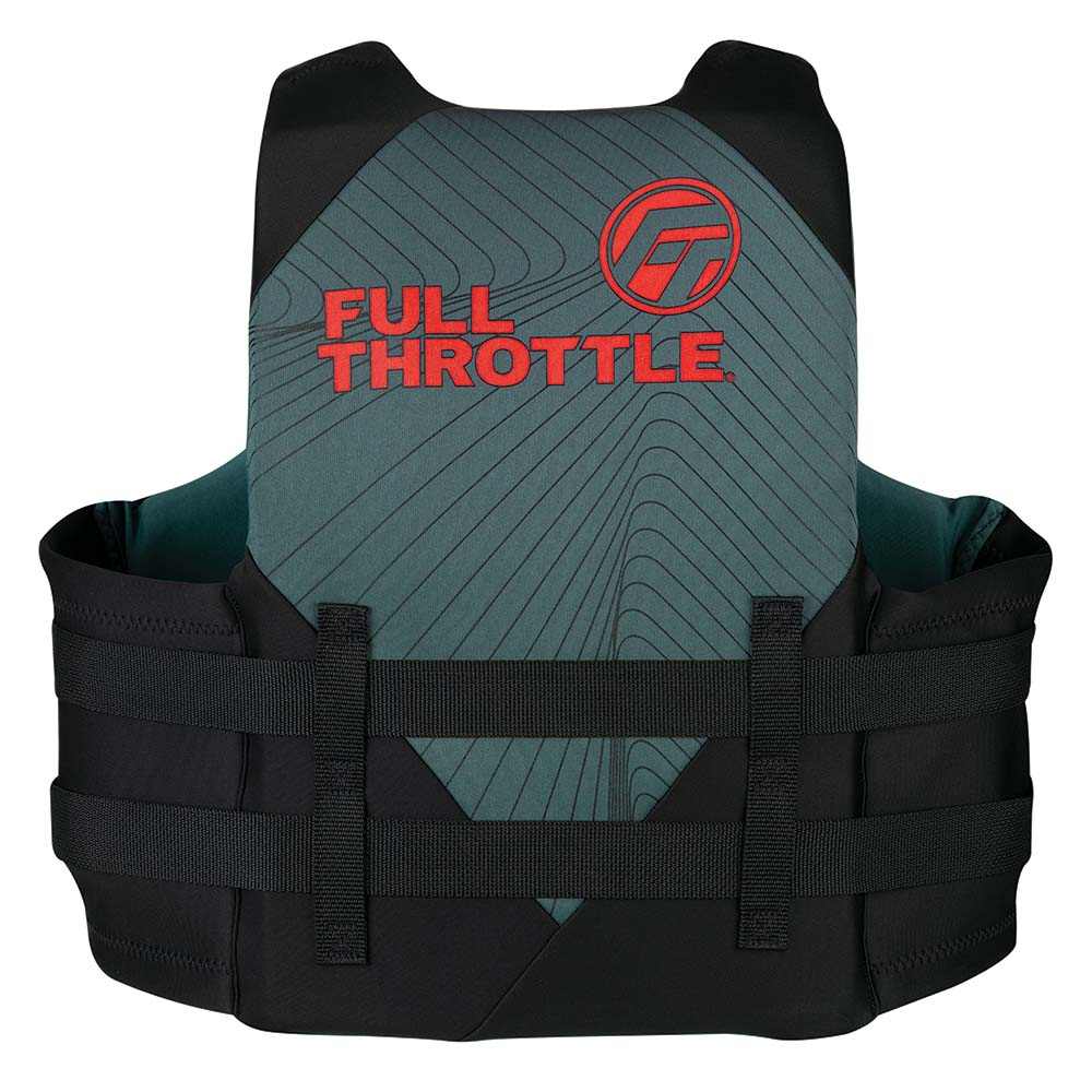 Full Throttle Life Jacket in grey and black with front zipper and adjustable belts for watersports, size S/M.