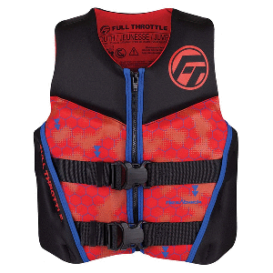 Full Throttle Youth Rapid-Dry Flex-Back Life Jacket in red and black with adjustable straps and front zipper designed for watersports.