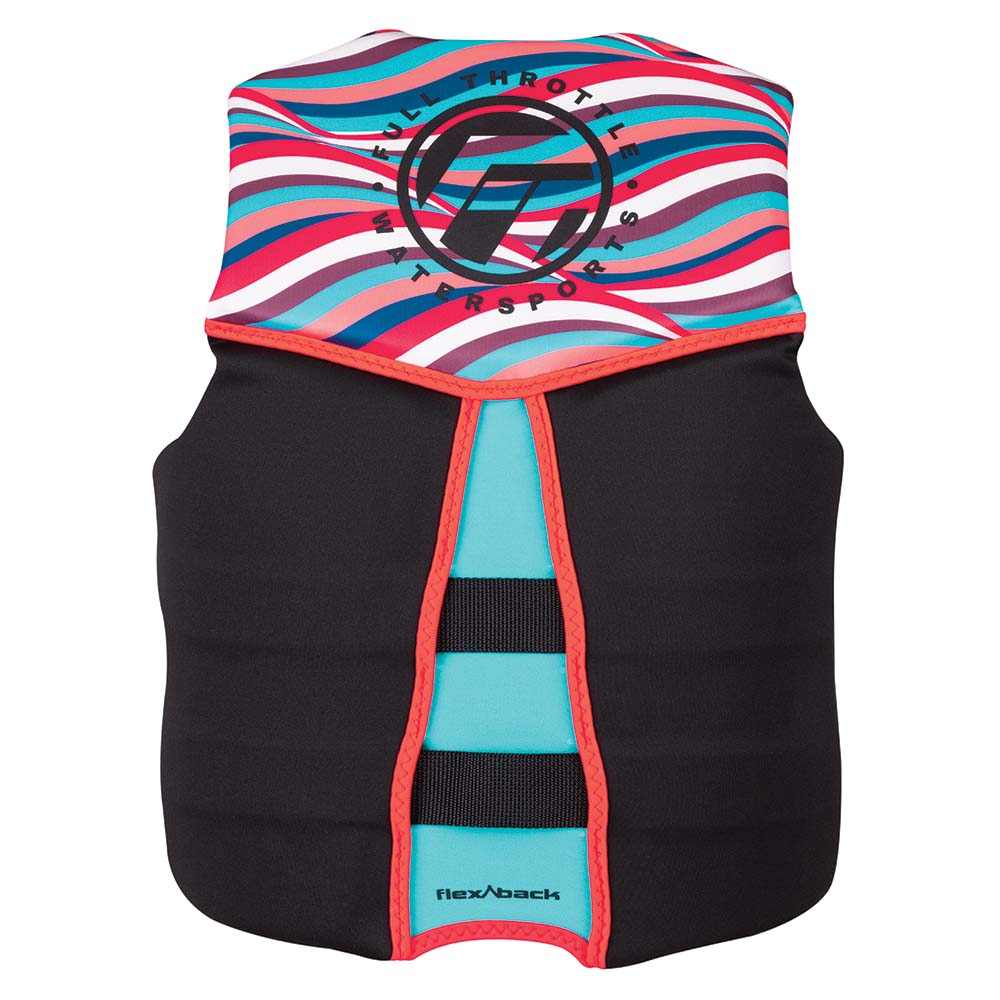 Full Throttle Women's Rapid-Dry Flex-Back Life Jacket in pink and black, size XS, featuring stretchable back and front zipper with adjustable belts